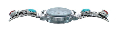 Navajo Sterling Silver Leaf Turquoise And Coral Watch NX11586